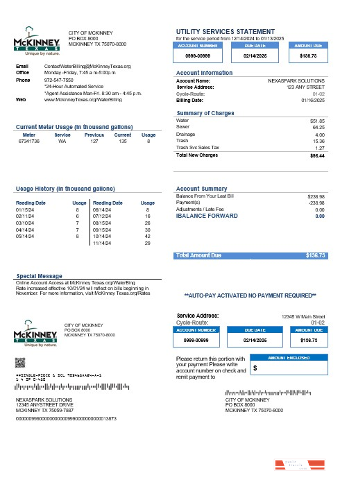 USA Texas McKinney business utility bill template in Word and PDF formats